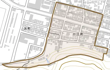 小江町とその周辺の地図。町の範囲を重ねている