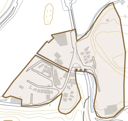 厚生町とその周辺の地図。町の範囲を重ねている