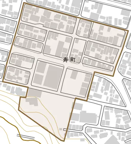 寿町とその周辺の地図。町の範囲を重ねている