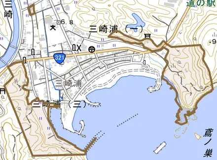 三崎とその周辺の地図。町の範囲を重ねている