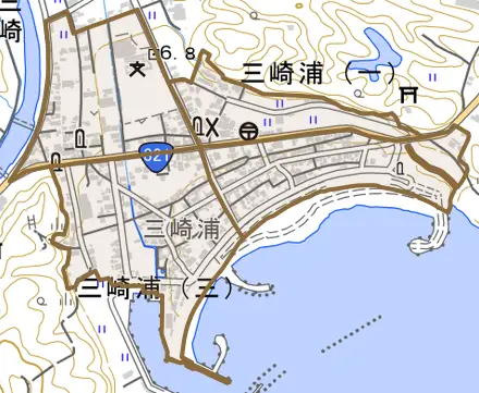 三崎浦とその周辺の地図。町の範囲を重ねている