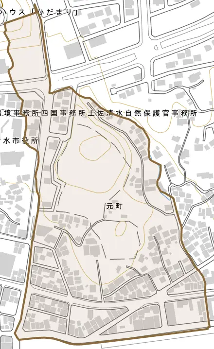 元町とその周辺の地図。町の範囲を重ねている
