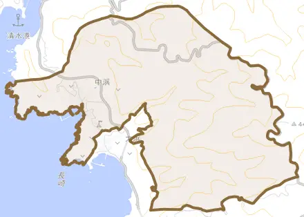 中浜とその周辺の地図。町の範囲を重ねている