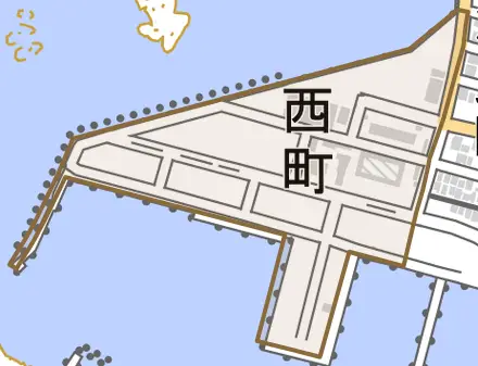 西町とその周辺の地図。町の範囲を重ねている