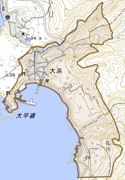 大浜とその周辺の地図。町の範囲を重ねている