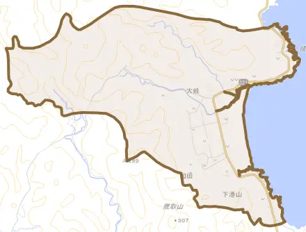 大岐とその周辺の地図。町の範囲を重ねている