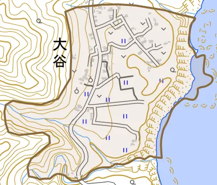 大谷とその周辺の地図。町の範囲を重ねている