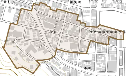 栄町とその周辺の地図。町の範囲を重ねている