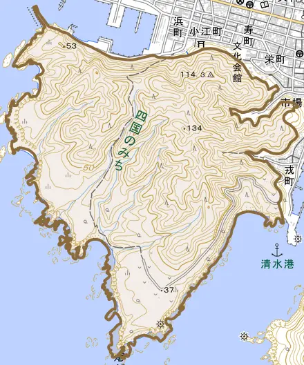 清水とその周辺の地図。町の範囲を重ねている