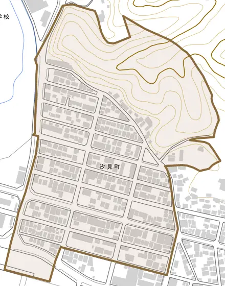 汐見町とその周辺の地図。町の範囲を重ねている