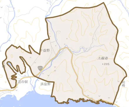 下益野とその周辺の地図。町の範囲を重ねている