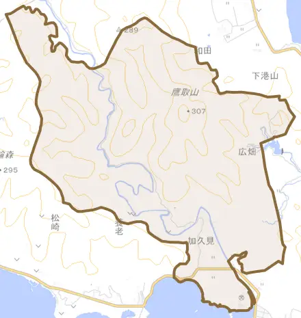 加久見とその周辺の地図。町の範囲を重ねている