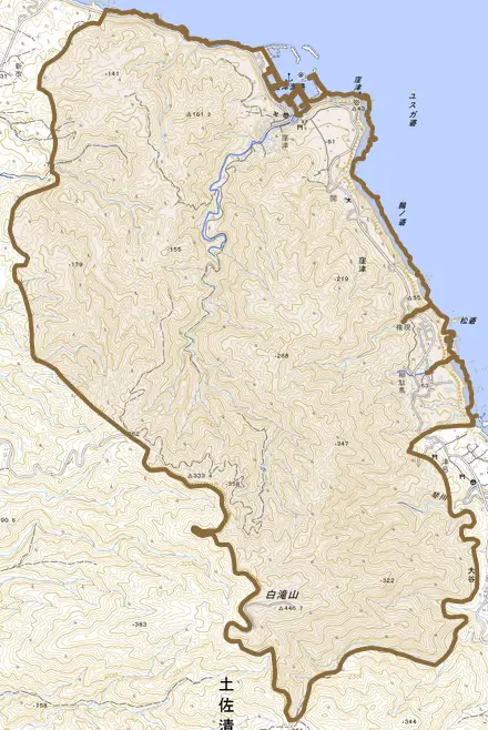 窪津とその周辺の地図。町の範囲を重ねている
