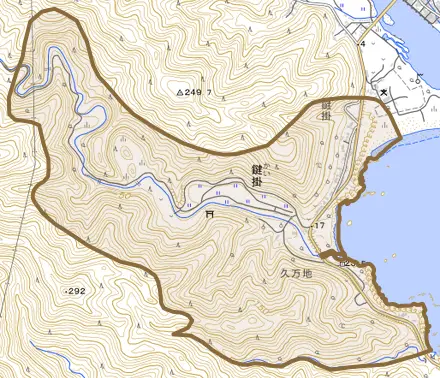 鍵掛とその周辺の地図。町の範囲を重ねている