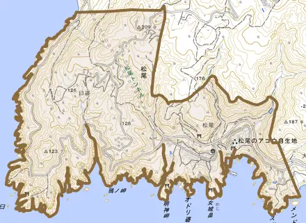 松尾とその周辺の地図。町の範囲を重ねている