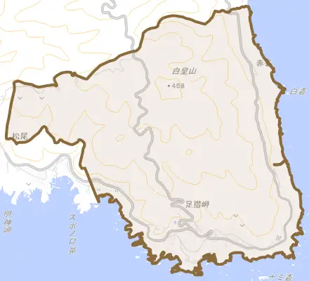 足摺岬とその周辺の地図。町の範囲を重ねている