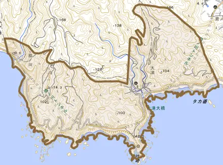 大津とその周辺の地図。町の範囲を重ねている