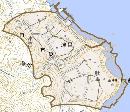 津呂とその周辺の地図。町の範囲を重ねている