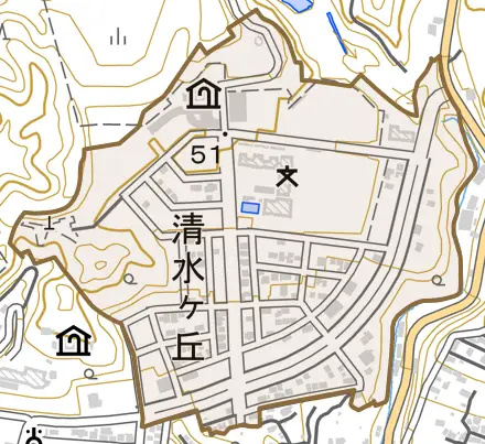 清水ヶ丘とその周辺の地図。町の範囲を重ねている