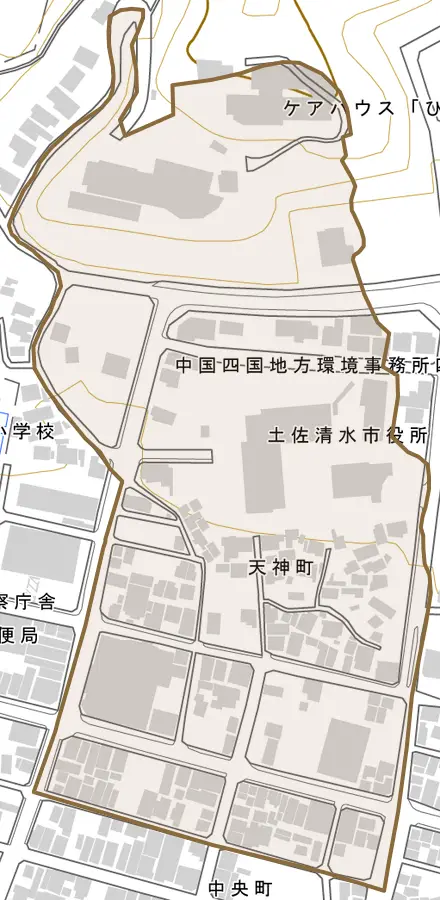 天神町とその周辺の地図。町の範囲を重ねている