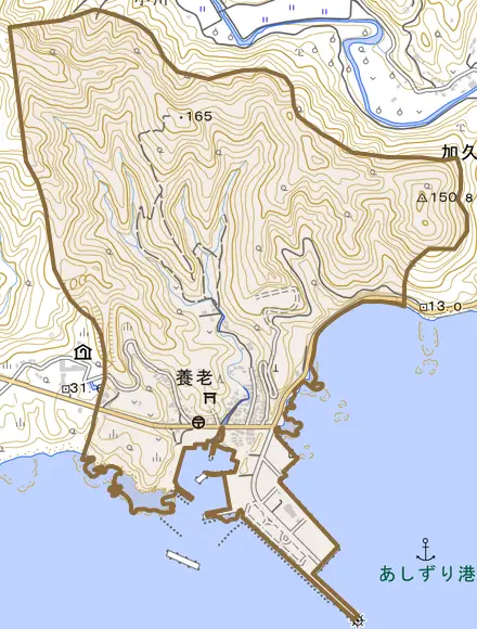 養老とその周辺の地図。町の範囲を重ねている