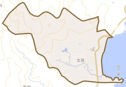 大字生見とその周辺の地図。町の範囲を重ねている