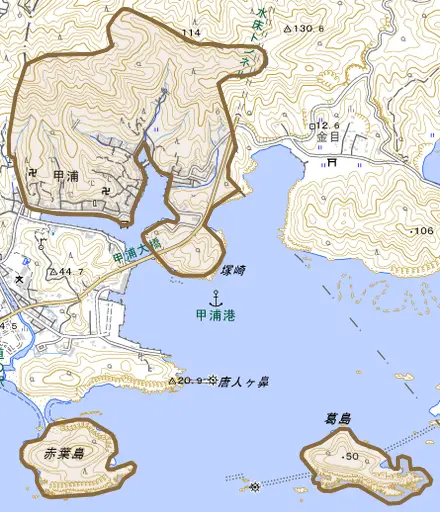 大字甲浦とその周辺の地図。町の範囲を重ねている