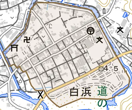 大字白浜とその周辺の地図。町の範囲を重ねている