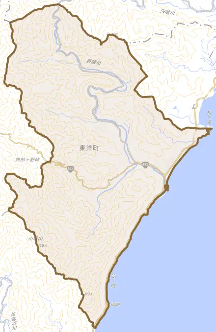 大字野根とその周辺の地図。町の範囲を重ねている