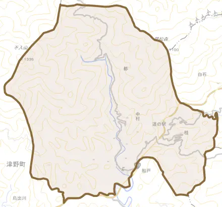 船戸とその周辺の地図。町の範囲を重ねている