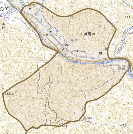 姫野々とその周辺の地図。町の範囲を重ねている