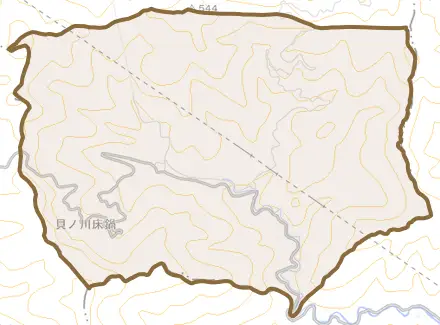 貝ノ川床鍋とその周辺の地図。町の範囲を重ねている