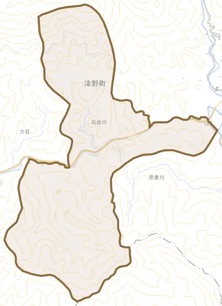 烏出川とその周辺の地図。町の範囲を重ねている