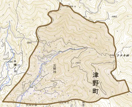 三間川とその周辺の地図。町の範囲を重ねている