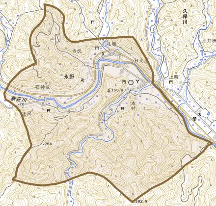 永野とその周辺の地図。町の範囲を重ねている