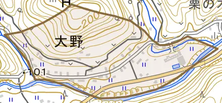 大野とその周辺の地図。町の範囲を重ねている