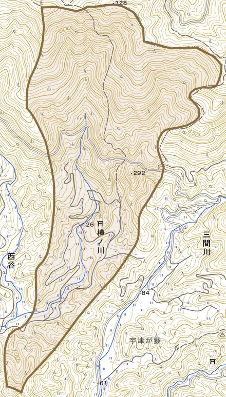 樺ノ川とその周辺の地図。町の範囲を重ねている