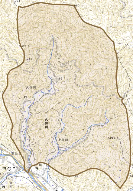 久保川とその周辺の地図。町の範囲を重ねている