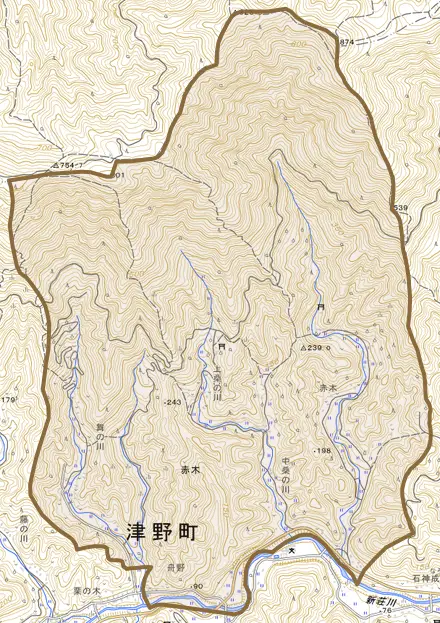 赤木とその周辺の地図。町の範囲を重ねている