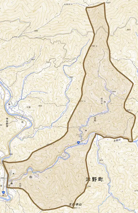 力石とその周辺の地図。町の範囲を重ねている