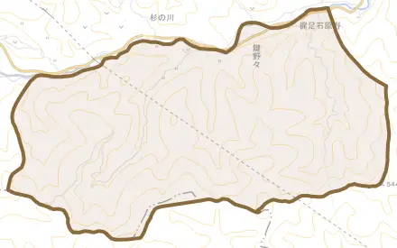 杉ノ川乙とその周辺の地図。町の範囲を重ねている