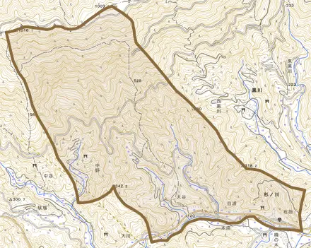杉ノ川甲とその周辺の地図。町の範囲を重ねている