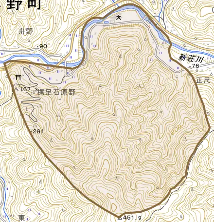 白石丙とその周辺の地図。町の範囲を重ねている