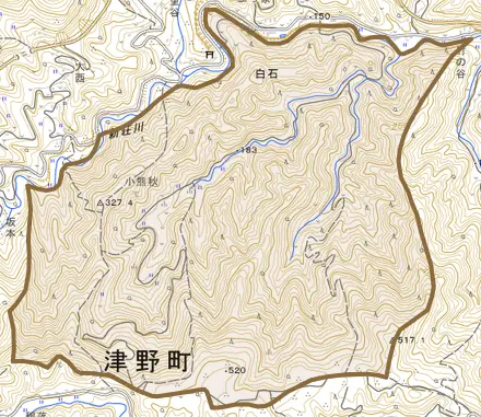 白石乙とその周辺の地図。町の範囲を重ねている