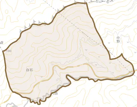 白石甲とその周辺の地図。町の範囲を重ねている