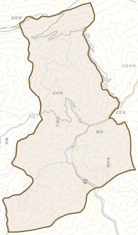 芳生野乙とその周辺の地図。町の範囲を重ねている
