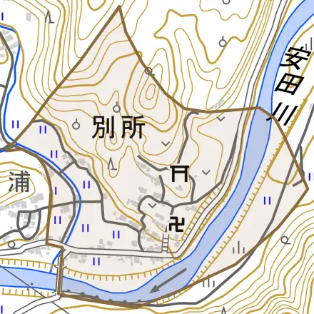 大字別所とその周辺の地図。町の範囲を重ねている
