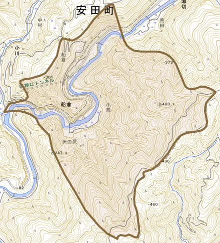 大字船倉とその周辺の地図。町の範囲を重ねている