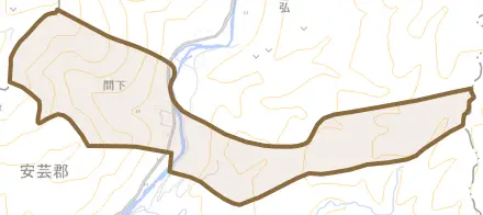 大字間下とその周辺の地図。町の範囲を重ねている
