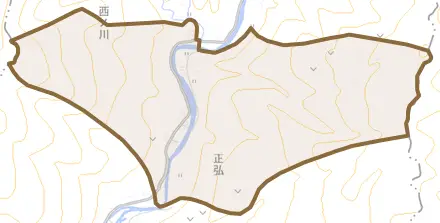 大字正弘とその周辺の地図。町の範囲を重ねている